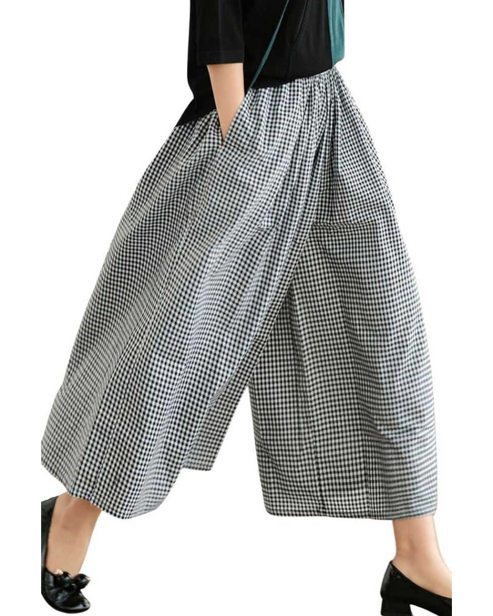 Chouyatou Women's Cotton Linen Pants Elastic Waist Plaid Gingham Wide Leg Capri Palazzo Pants
