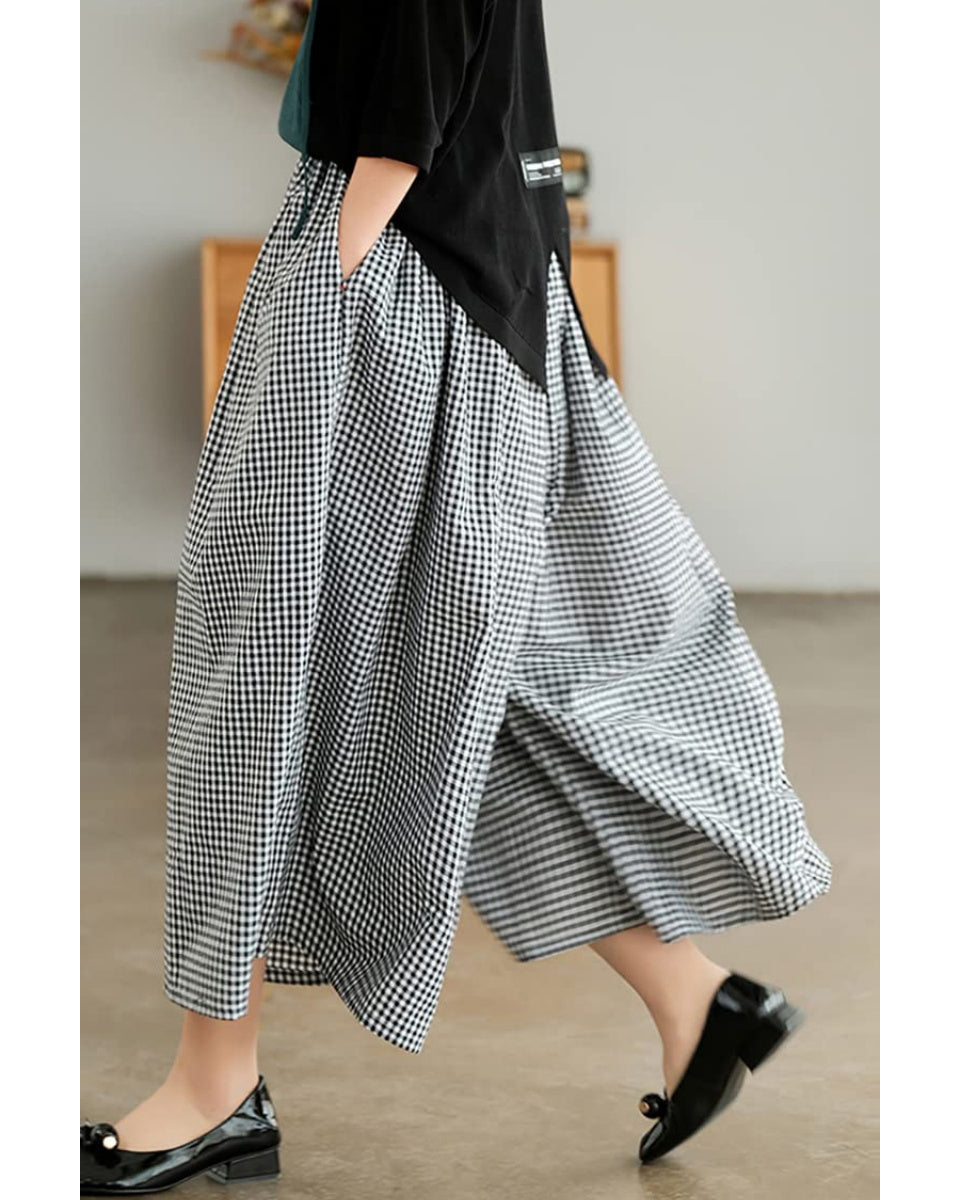 Chouyatou Women's Cotton Linen Pants Elastic Waist Plaid Gingham Wide Leg Capri Palazzo Pants