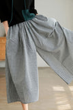 Chouyatou Women's Cotton Linen Pants Elastic Waist Plaid Gingham Wide Leg Capri Palazzo Pants
