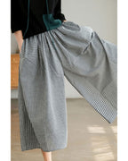 Chouyatou Women's Cotton Linen Pants Elastic Waist Plaid Gingham Wide Leg Capri Palazzo Pants