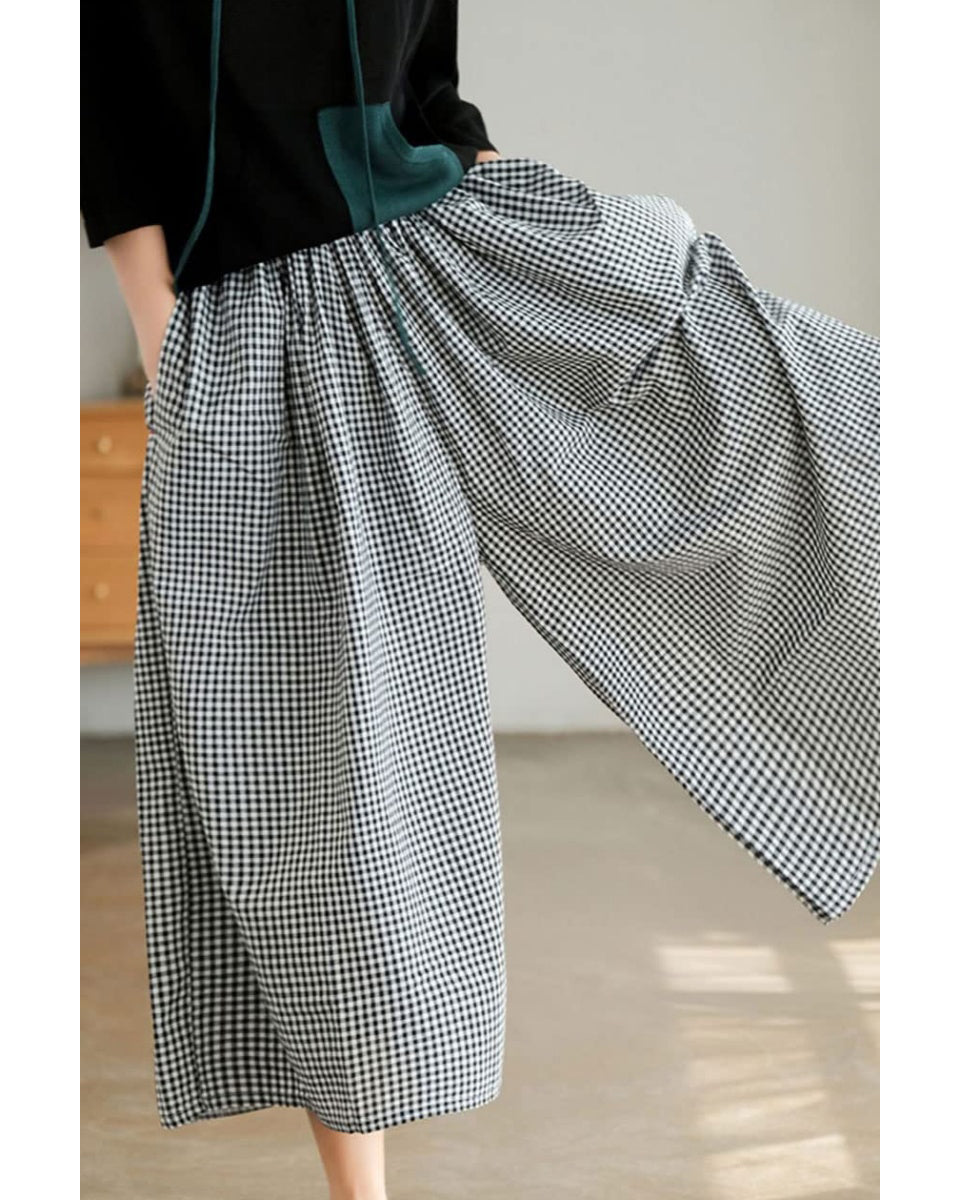 Chouyatou Women's Cotton Linen Pants Elastic Waist Plaid Gingham Wide Leg Capri Palazzo Pants