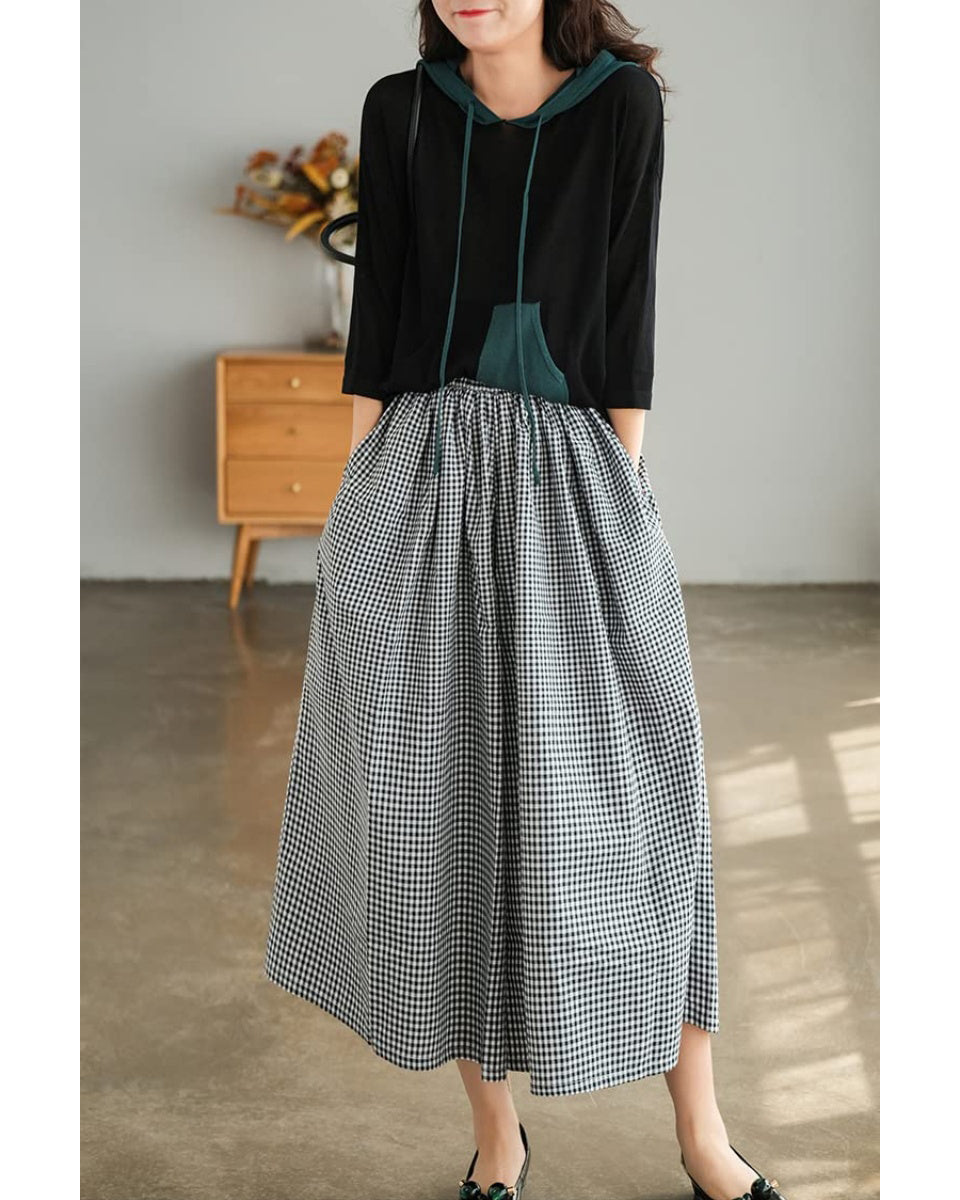 Chouyatou Women's Cotton Linen Pants Elastic Waist Plaid Gingham Wide Leg Capri Palazzo Pants