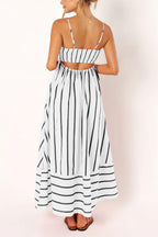 Chouyatou Women's Striped Back Smocked Maxi Dress Sexy Spaghetti Strap Cut Out Flowy Swing Long Dress