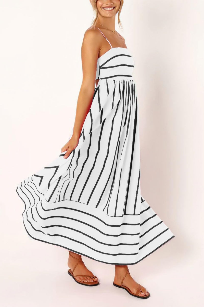 Chouyatou Women's Striped Back Smocked Maxi Dress Sexy Spaghetti Strap Cut Out Flowy Swing Long Dress