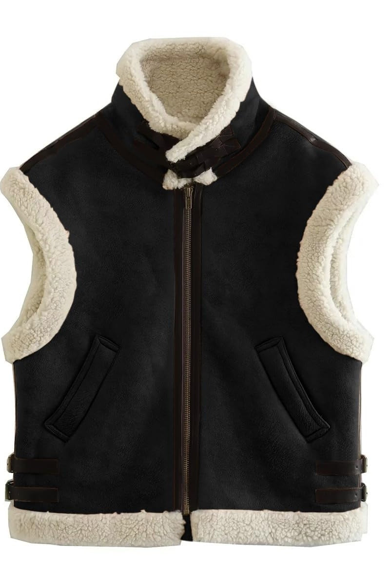 Chouyatou Women's Winter Warm Suede Sherpa Leather Vest Jacket Zip Up Sleeveless Lambwool Fur Coat with Pockets