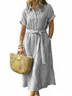 Chouyatou Women's Summer Boho Belted Striped Shirt Dress Casual Loose Short Sleeve Midi Long Beach Dress