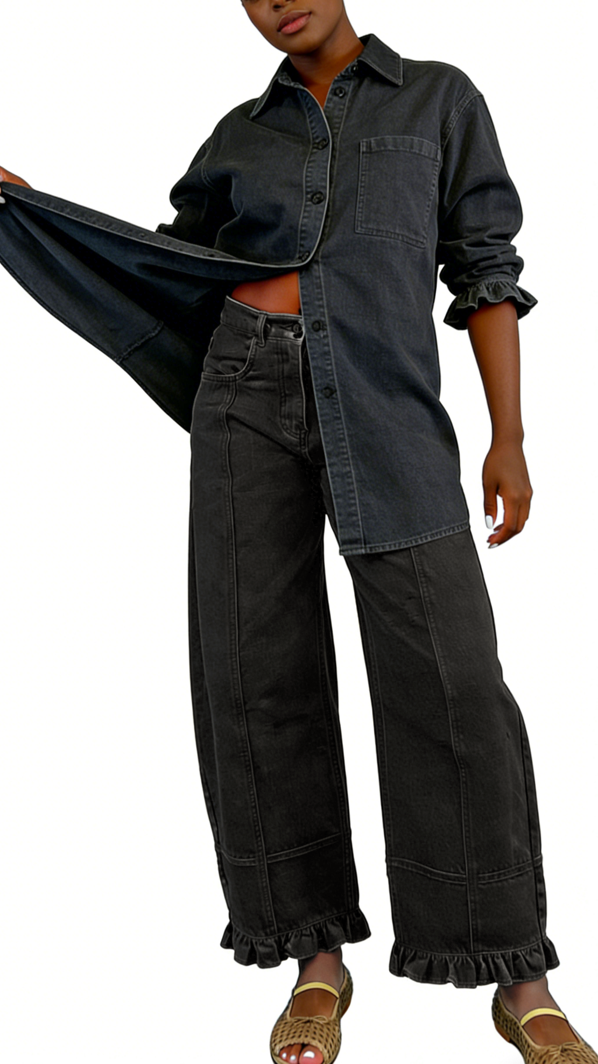 Chouyatou Barrel Jeans Women Floral Print Wide Leg Jeans Y2k Patchwork Baggy Boyfriend Denim Pants