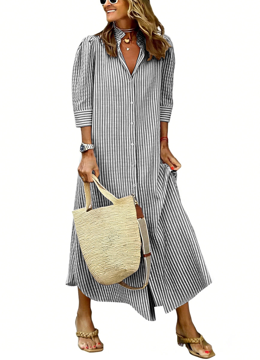 Chouyatou Women's Summer 3/4 Sleeve Striped Maxi Long Shirt Dress Boho Ruffled Button Down Beach Dress