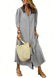 CHOUYATOU Women's Summer 3/4 Sleeve Striped Maxi Long Shirt Dress Boho Ruffled Button Down Beach Dress