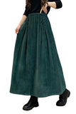 Chouyatou Women's Corduroy Maxi Skirt Elastic High Waist Drawstring Tie Front A-Line Pleated Long Skirt with Pockets