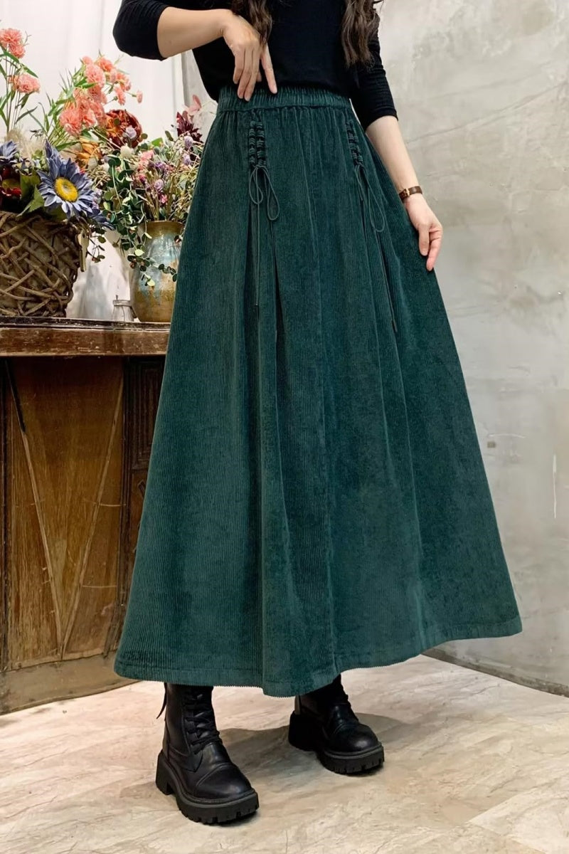 Chouyatou Women's Corduroy Maxi Skirt Elastic High Waist Drawstring Tie Front A-Line Pleated Long Skirt with Pockets