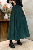 Chouyatou Women's Corduroy Maxi Skirt Elastic High Waist Drawstring Tie Front A-Line Pleated Long Skirt with Pockets