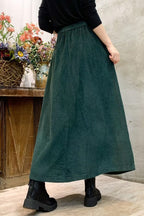 Chouyatou Women's Corduroy Maxi Skirt Elastic High Waist Drawstring Tie Front A-Line Pleated Long Skirt with Pockets