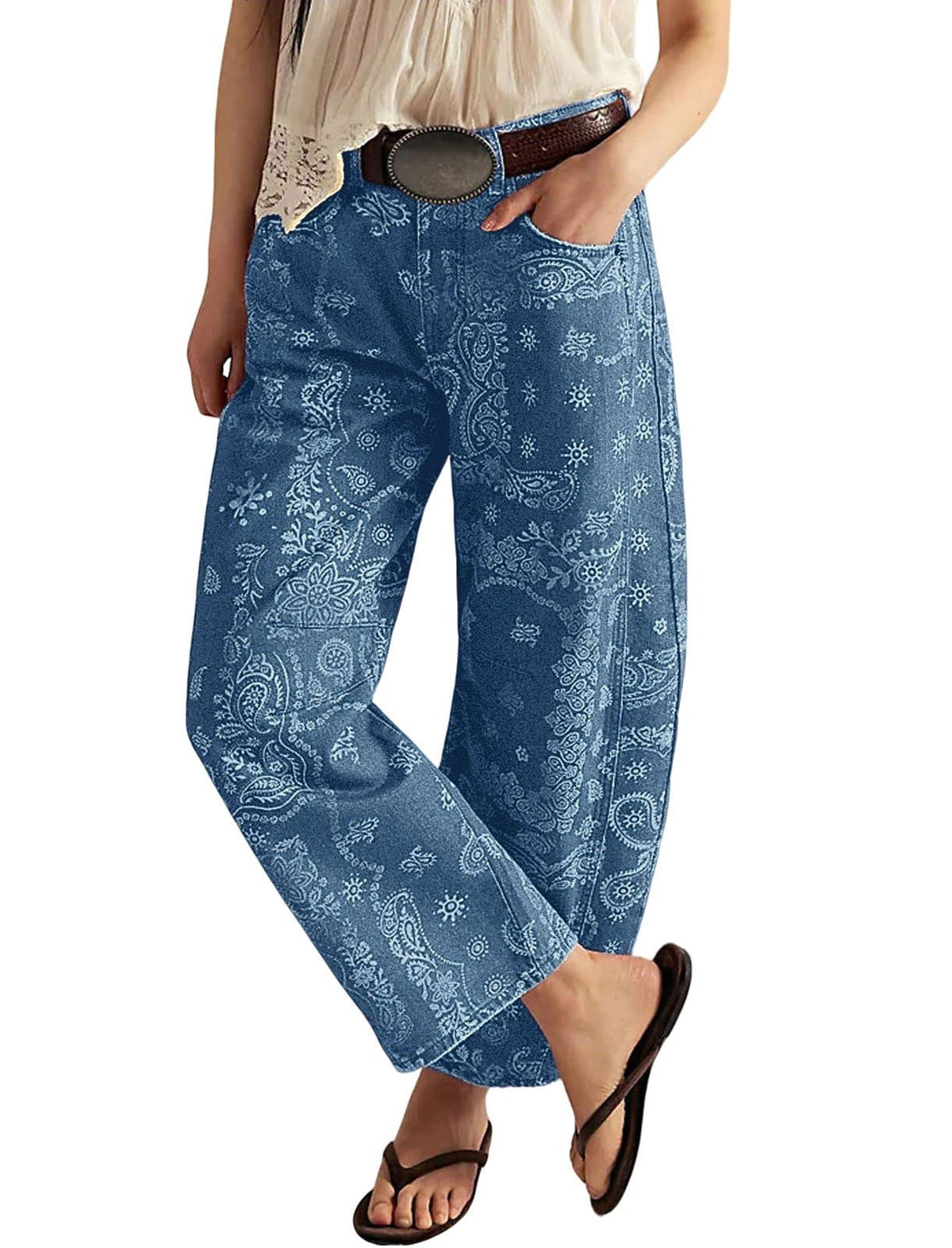 Chouyatou Women Boyfriend Baggy Barrel Jeans Floral Print Denim Ankle Pants Wide Leg Mid Rise Jeans Sweatpants Y2k Patchwork