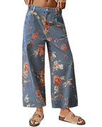 Chouyatou Women Mid Rise Cropped Wide Leg Jeans Baggy Floral Ankle Pants Denim Capris Flare Print Boho Palazzo Jeans Boyfriend