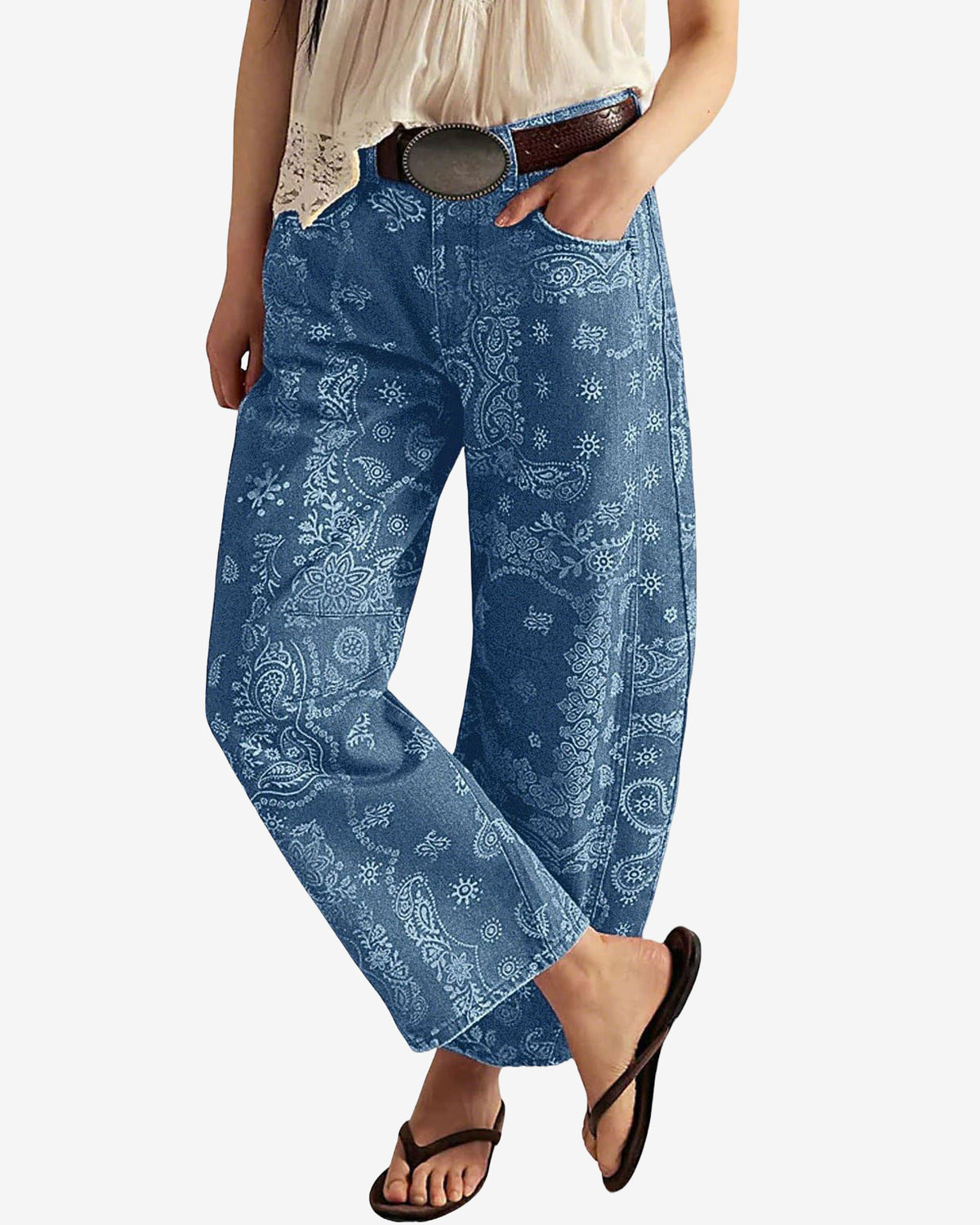 Chouyatou Women Boyfriend Baggy Barrel Jeans Floral Print Denim Ankle Pants Wide Leg Mid Rise Jeans Sweatpants Y2k Patchwork