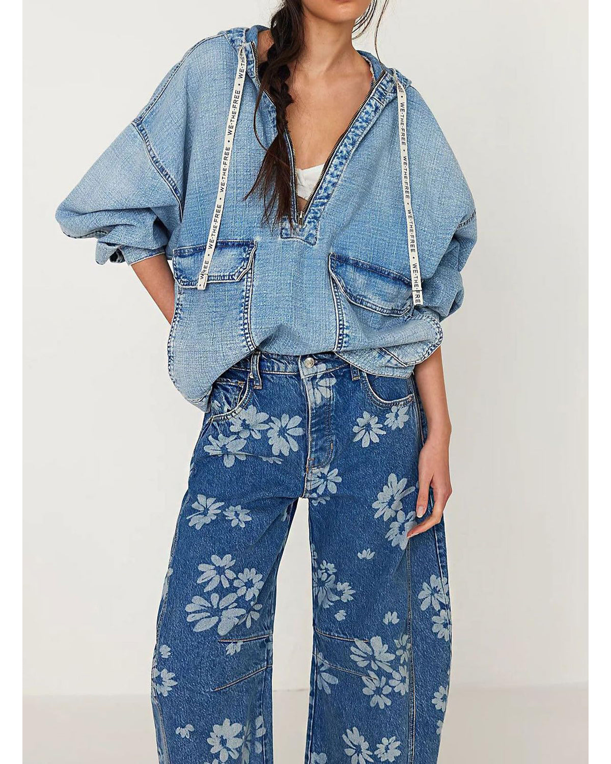 Chouyatou Women Y2k Distressed Barrel Jeans Baggy Wide Leg Jeans Floral Printed Boyfriend Patchwork Denim Pants