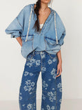 Chouyatou Women Y2k Distressed Barrel Jeans Baggy Wide Leg Jeans Floral Printed Boyfriend Patchwork Denim Pants
