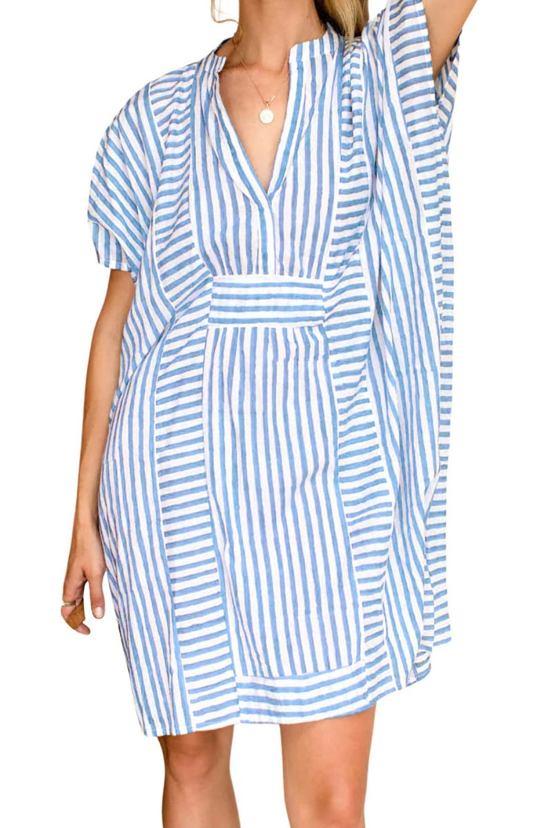 Chouyatou Womens Summer Loose Stripe Beach Dress Cover Ups Casual Batwing Sleeve Midi Tunic Shirt Dress
