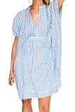 Chouyatou Womens Summer Loose Stripe Beach Dress Cover Ups Casual Batwing Sleeve Midi Tunic Shirt Dress