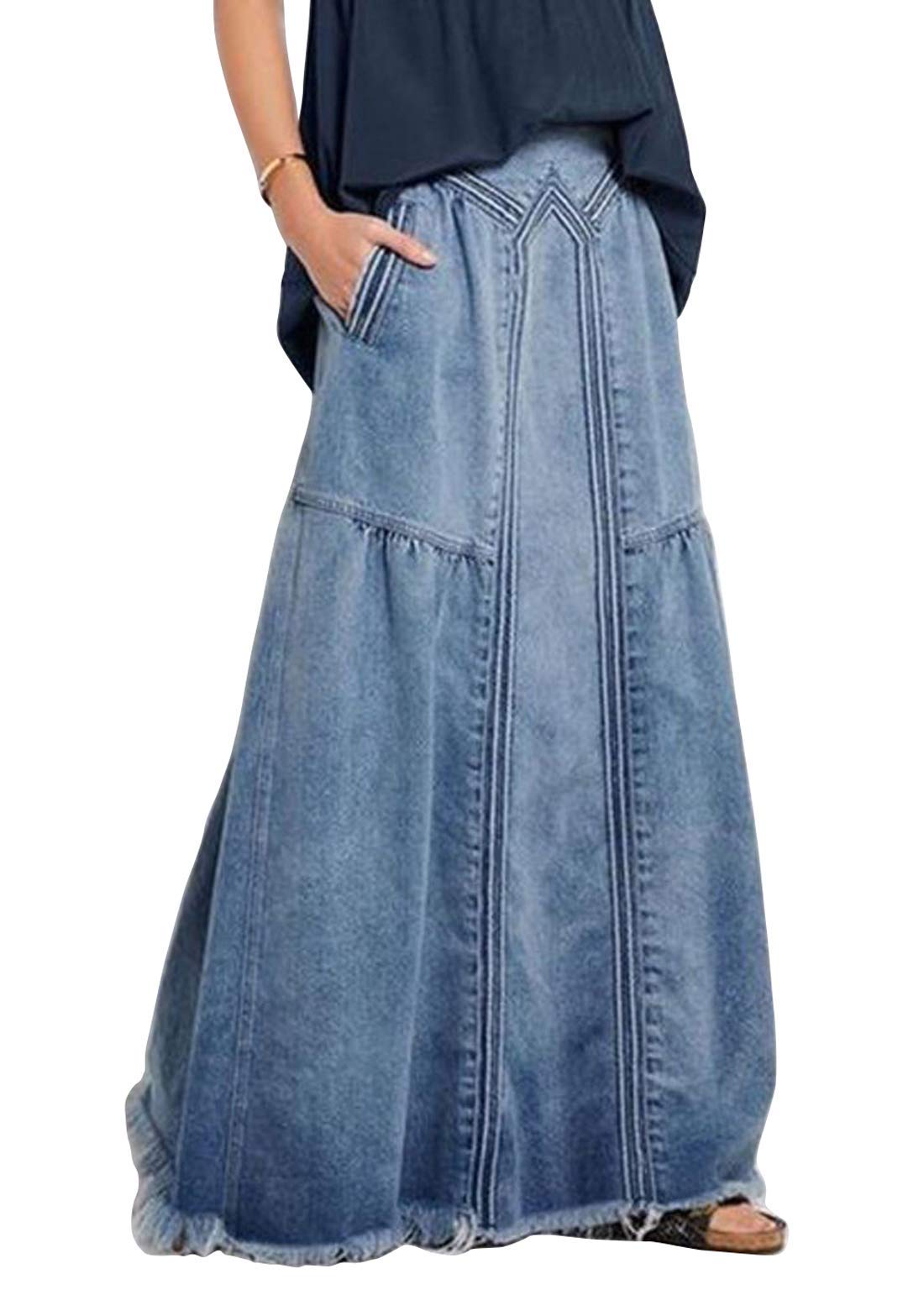 Chouyatou Women's Casual Elastic Waist Frayed Hem A-Line Distressed Hippie Long Maxi Denim Skirt