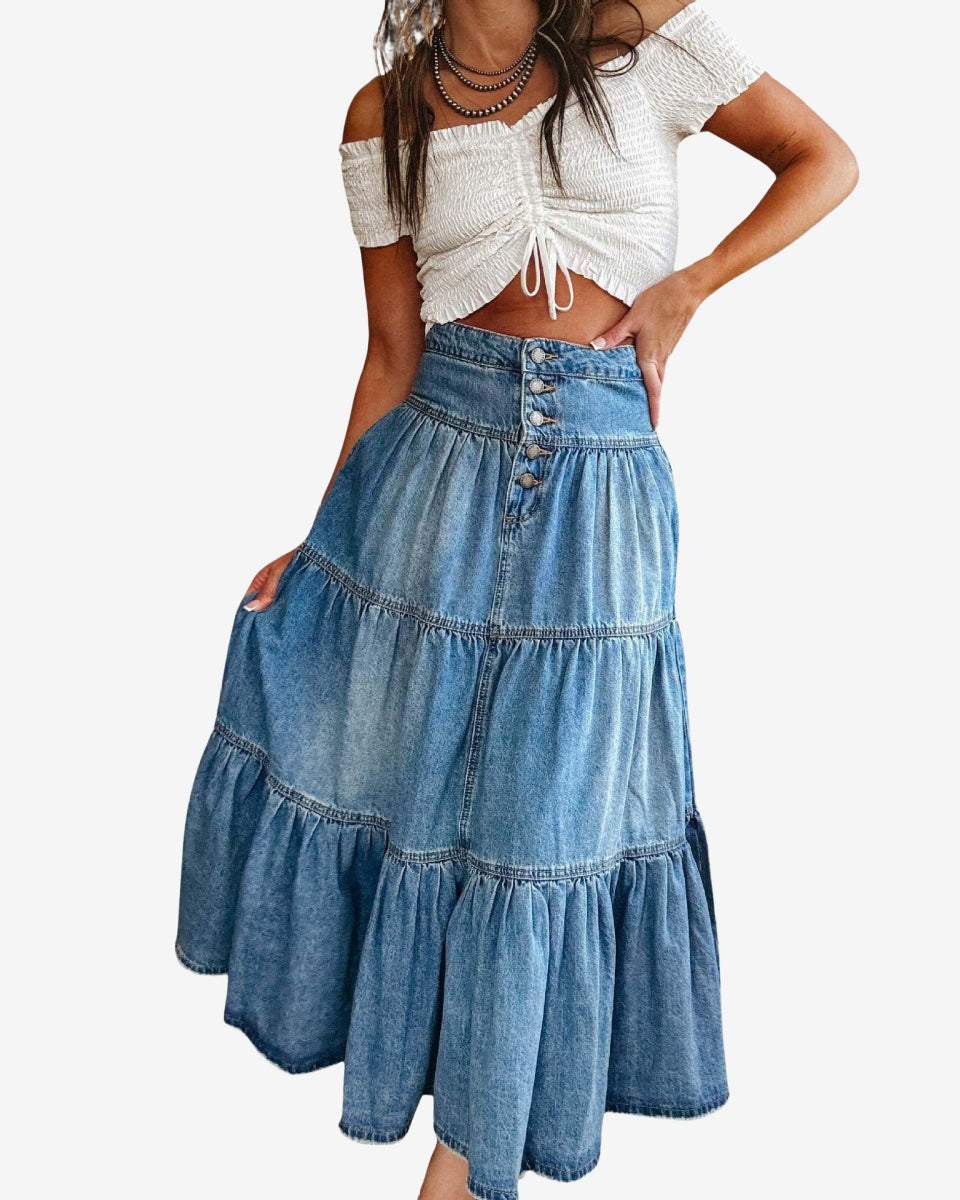 Chouyatou Women's High Waist Long Denim Skirt Button-Fly Tiered Ruffle Swing A-Line Jean Maxi Skirt with Pockets