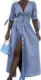 Chouyatou Womens Casual Button Down Maxi Denim Dress V-Neck Tie Half Sleeve Long Denim Dresses for Women 2025