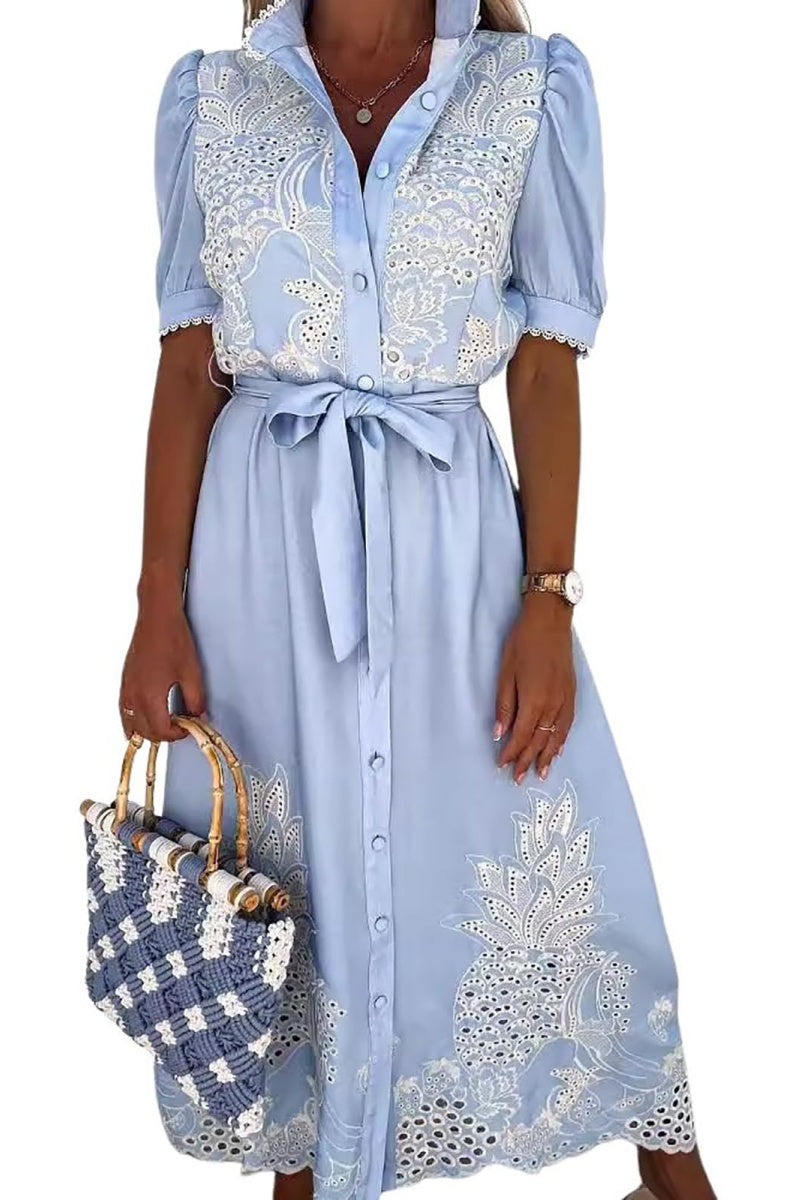 Chouyatou Women's Embroidered Eyelet Shirt Dresses Belted Puff Sleeve Button Down Swing Boho Cotton Maxi Shirt Dress