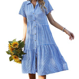 Chouyatou Women's Summer Flutter Sleeve Midi Long Gingham Dress Plaid Button Down Shirt Dress