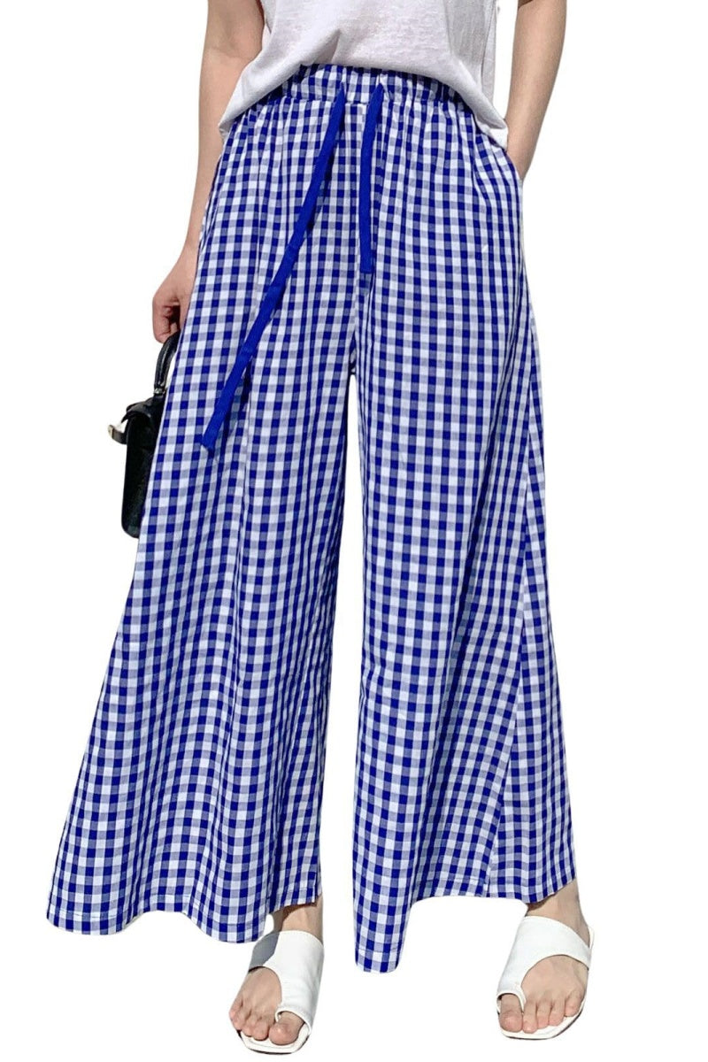 Chouyatou Women's Plaid Wide Leg Culotte Pants Gingham High Elastic Waisted Cropped Palazzo Pants with Pockets