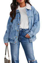 Chouyatou Women's Warm Sherpa Collar Denim Jacket Faux Fur Collar Denim Coat Trucker Jacket