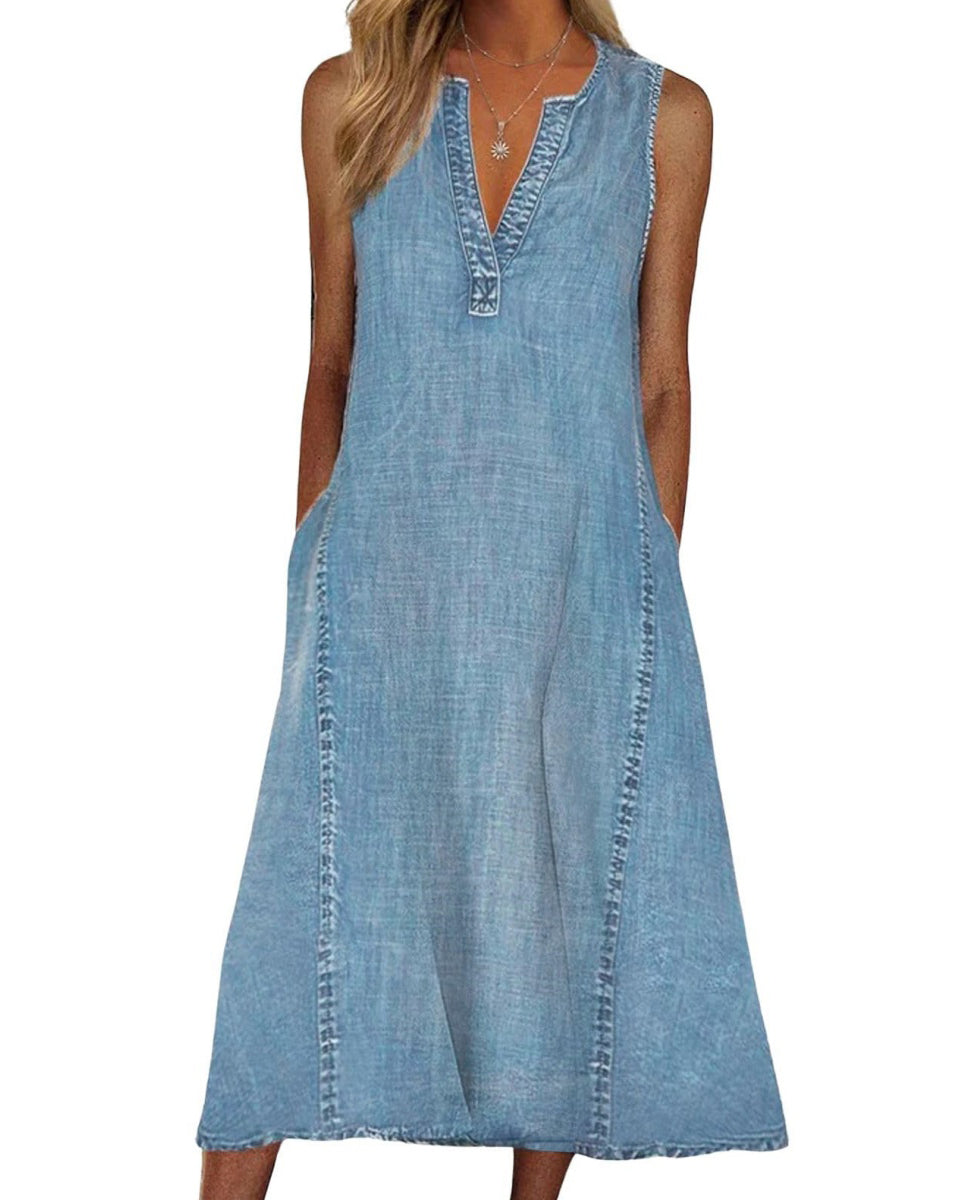 Chouyatou Women Casual Sleeveless Denim Midi Dress A Line Dress Mid Long Tank Dress Jean Shift Dress Jumper Summer
