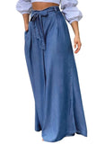 Chouyatou Women's Casual Tie Knot Denim Pant High Waist Wide Leg Dressy Jean Pants Palazzo Culottes with Pockets