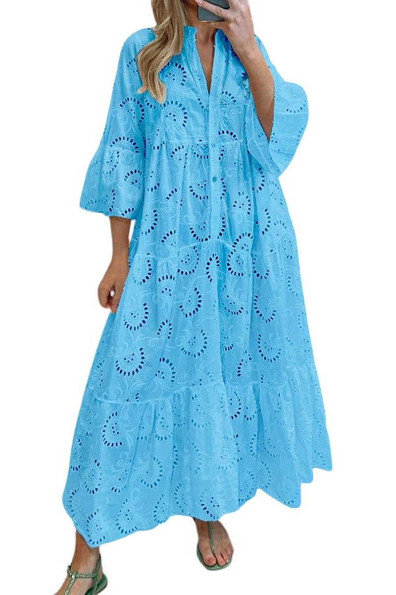 Chouyatou Women's Lace Eyelet Embroidery Maxi Dress V-Neck Trumpet Sleeve Boho Flowy Swing Dress