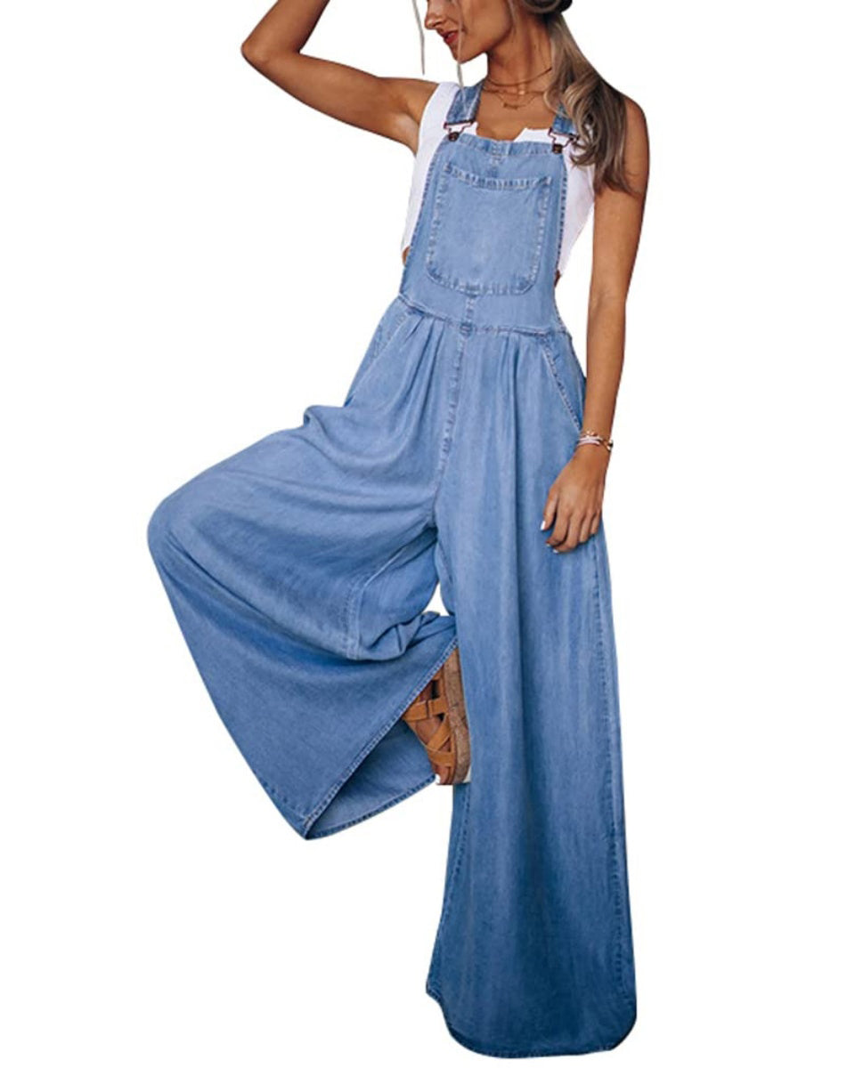 Chouyatou Women's Loose Adjustable Strap Wide Leg Denim Bib Overall Jeans Pants