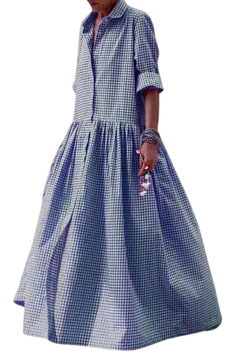 Chouyatou Women's Retro Plaid Button Down Maxi Shirt Dress Long Sleeve Button Up Gingham Swing Long Dress