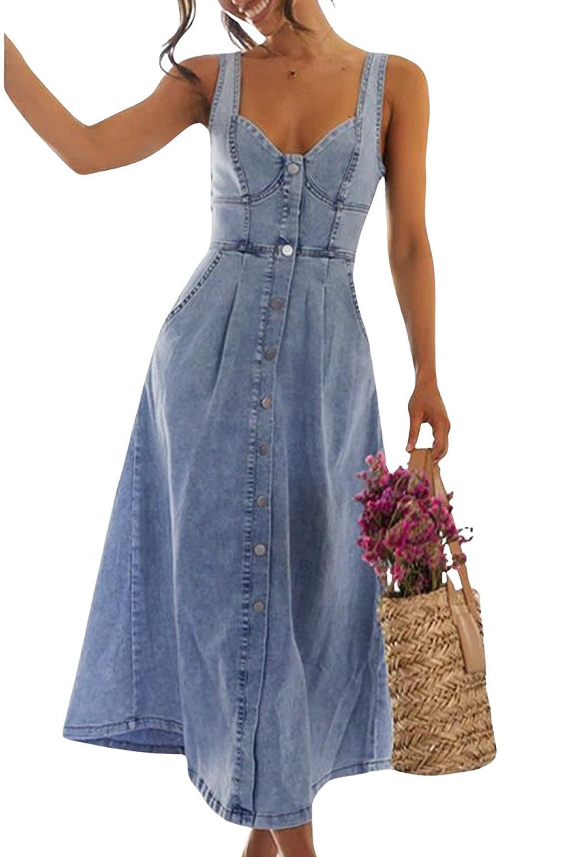 Chouyatou Denim Dress for Women Sleeveless Button Down Slim Fit Midi Jean Dresses for Women