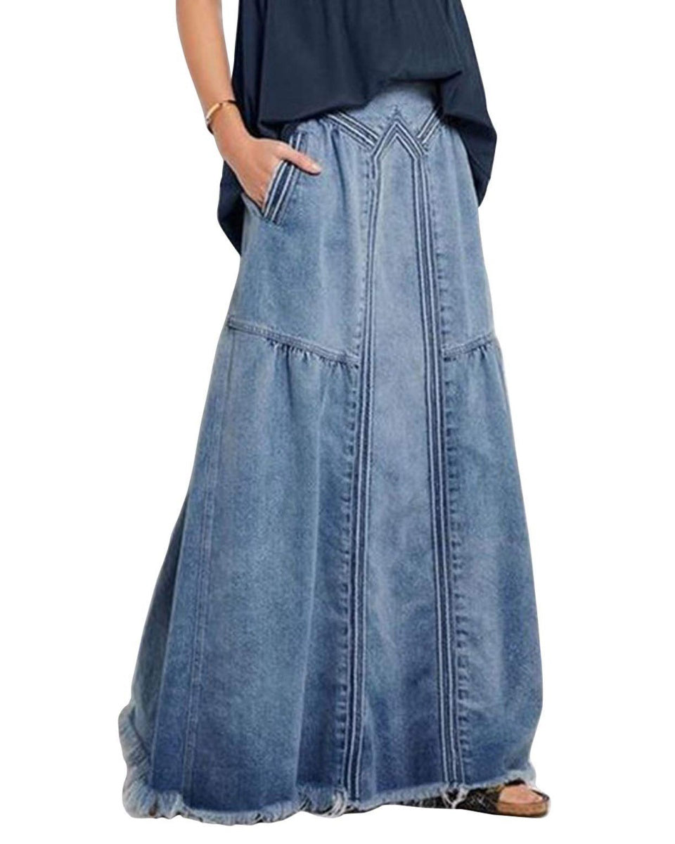 Chouyatou Women's Casual Elastic Waist Frayed Hem A-Line Distressed Hippie Long Maxi Denim Skirt