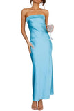 Chouyatou Women's Summer Satin Silk Maxi Bodycon Dresses Strapless Tube Backless Hollow Out Elegant Long Party Club Dress