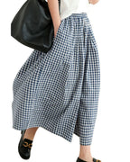 Chouyatou Women's Cotton Linen Pants Elastic Waist Plaid Gingham Wide Leg Capri Palazzo Pants