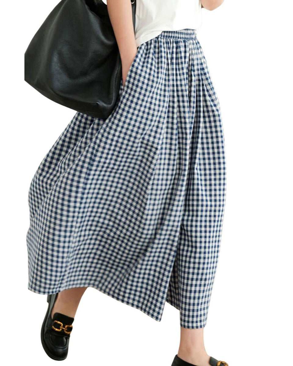 Chouyatou Women's Cotton Linen Pants Elastic Waist Plaid Gingham Wide Leg Capri Palazzo Pants