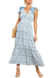 Chouyatou Women's Summer Boho Floral Print Dress Tie Knot Strap V-Neck Swing Maxi Beach Dress