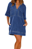 Chouyatou Womens Summer Casual Denim Dress Short Sleeve V Neck Distressed Jean Dresses Mini Shirt Dress
