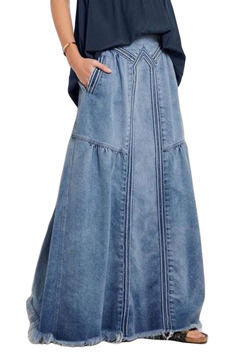 Chouyatou Women's Casual Elastic Waist Frayed Hem A-Line Distressed Hippie Long Maxi Denim Skirt