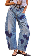 Chouyatou Y2k Barrel Jeans Women Wide Leg Jeans Baggy Distressed Printed Boyfriend Horseshoe Jeans Denim Pants