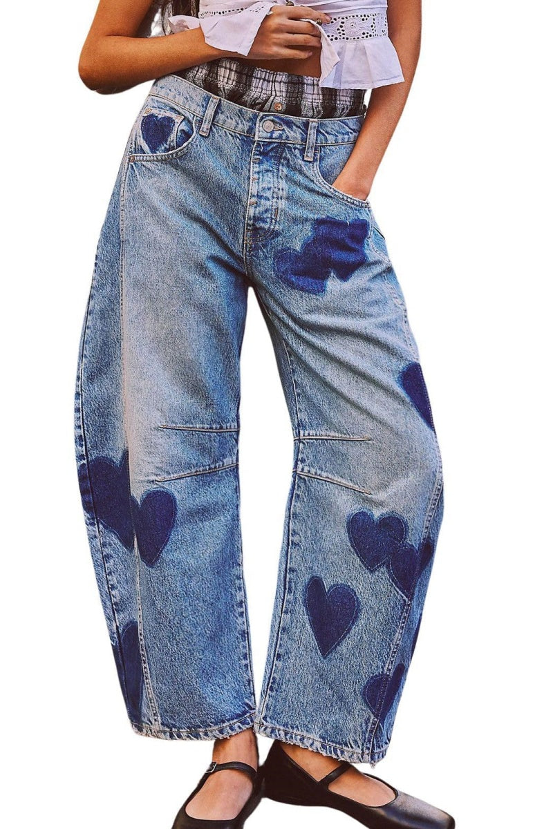 Chouyatou Y2k Barrel Jeans Women Wide Leg Jeans Baggy Distressed Printed Boyfriend Horseshoe Jeans Denim Pants