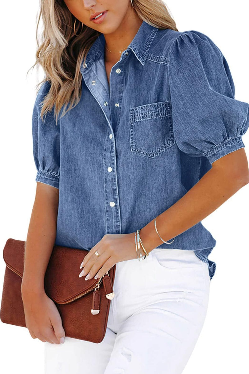 Chouyatou Women's Casual Washed Distressed Puff Sleeve Denim Button Down Shirt Jean Jacket Coat