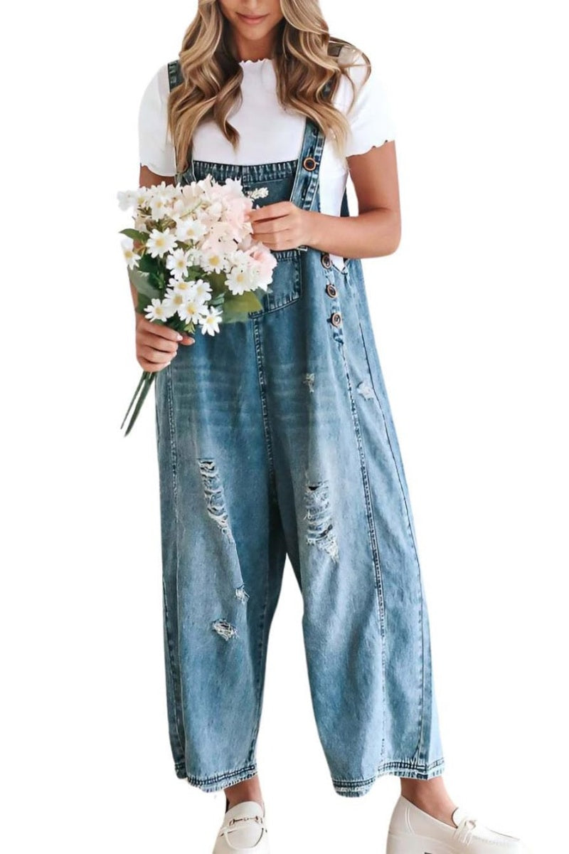 Chouyatou Women's Casual Adjustable Straps Denim Bib Overalls Distressed Ripped Wide Leg Jeans Long Pants Jumpsuits
