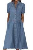 Chouyatou Womens Denim Dress Lapel Short Sleeve Frayed Hem Jean Dress Button Down A Line Shirt Dress