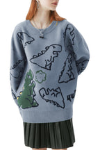 Chouyatou Women's Dinosaur Graphic Sweaters Cartoon Kwaii Knit Crewneck Long Sleeve Oversized Pullover Jumpers